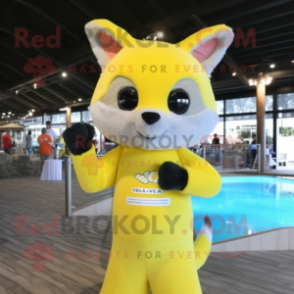 Lemon Yellow Marten mascot costume character dressed with a Bikini and Headbands