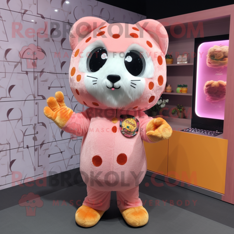 Peach Leopard mascot costume character dressed with a Hoodie and Coin purses Peach Leopard mascot costume character dressed with a Hoodie and Coin purses
