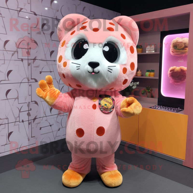 Peach Leopard mascot costume character dressed with a Hoodie and Coin purses