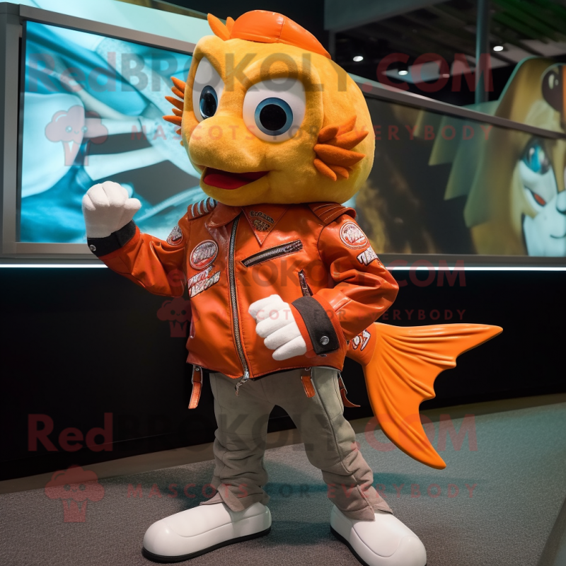 nan Goldfish mascot costume character dressed with a Moto Jacket and Cufflinks