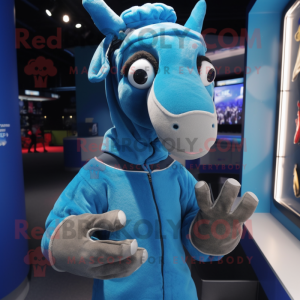 Blue Okapi mascot costume character dressed with a Turtleneck and Mittens