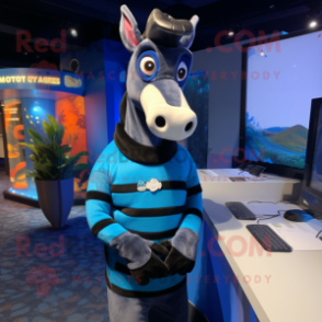 Blue Okapi mascot costume character dressed with a Turtleneck and Mittens