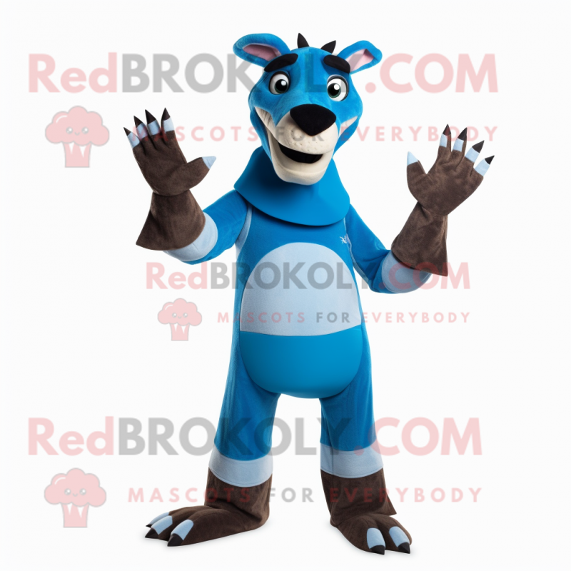 Blue Okapi mascot costume character dressed with a Turtleneck and Mittens