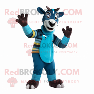 Blue Okapi mascot costume character dressed with a Turtleneck and Mittens