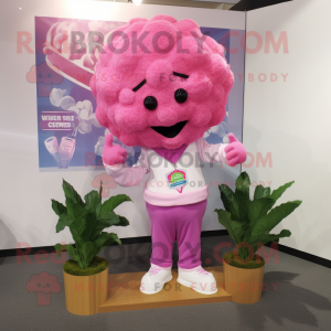 Pink Cauliflower mascot costume character dressed with a V-Neck Tee and Tie pins