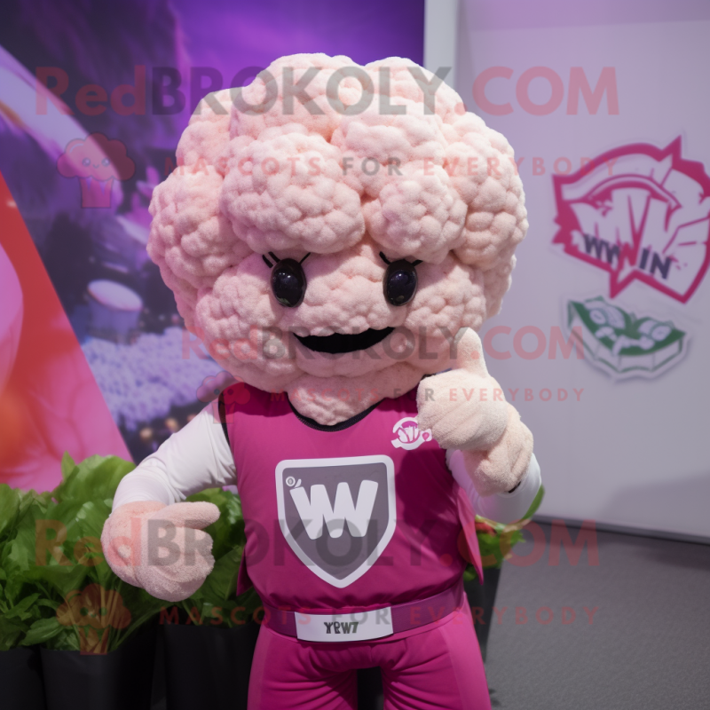 Pink Cauliflower mascot costume character dressed with a V-Neck Tee and Tie pins