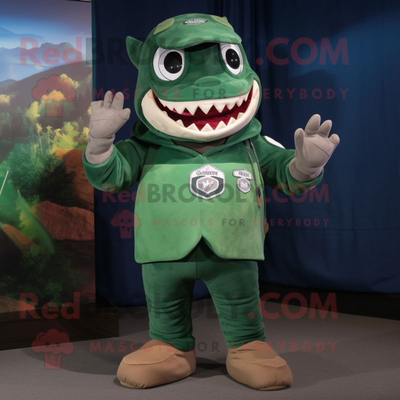 Forest Green Megalodon mascot costume character dressed with a Playsuit and Mittens