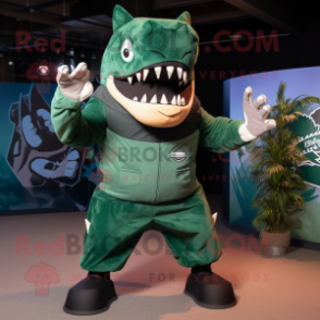 Forest Green Megalodon mascot costume character dressed with a Playsuit and Mittens