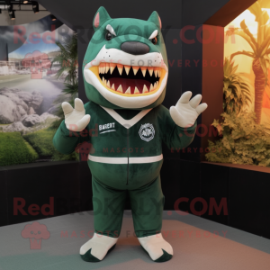 Forest Green Megalodon mascot costume character dressed with a Playsuit and Mittens
