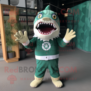 Forest Green Megalodon mascot costume character dressed with a Playsuit and Mittens