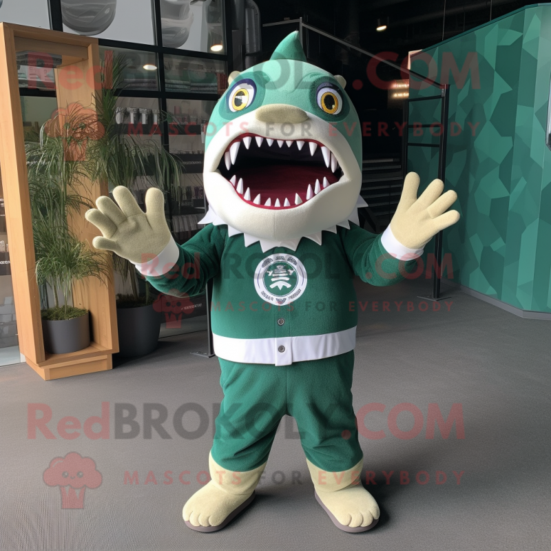 Forest Green Megalodon mascot costume character dressed with a Playsuit and Mittens Forest Green Megalodon mascot costume character dressed with a Playsuit and Mittens