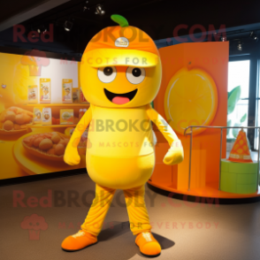 Lemon Yellow Orange mascot costume character dressed with a Jumpsuit and Caps