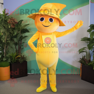 Lemon Yellow Orange mascot costume character dressed with a Jumpsuit and Caps