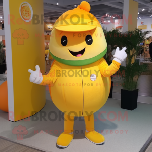 Lemon Yellow Orange mascot costume character dressed with a Jumpsuit and Caps