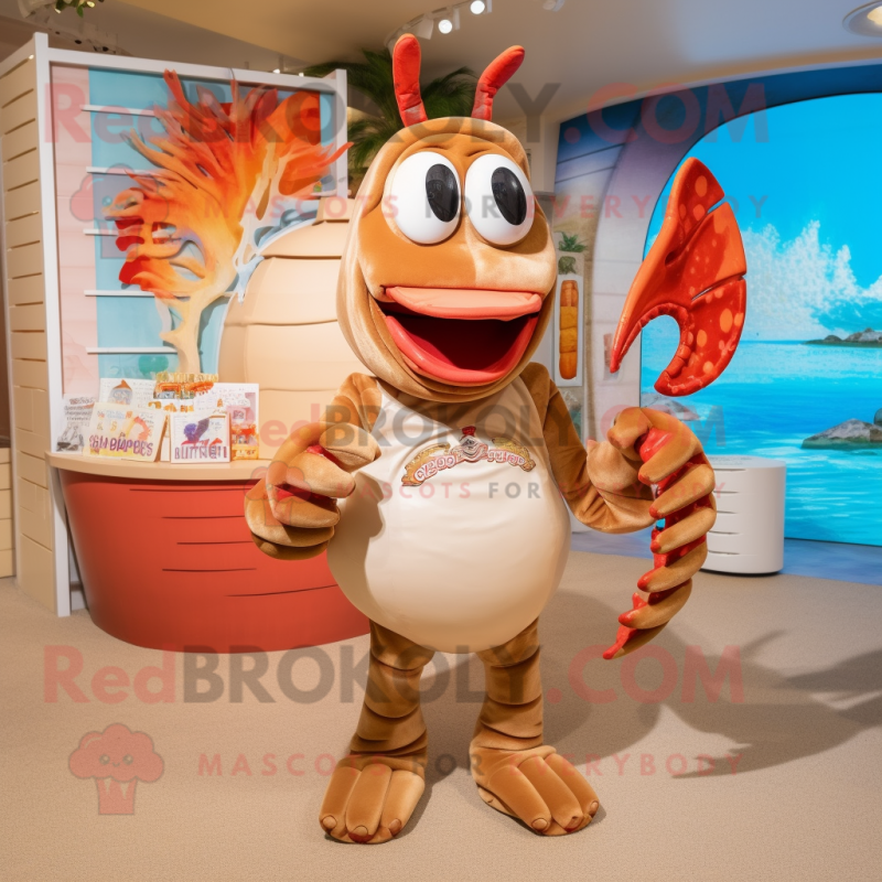 Beige Lobster Bisque mascot costume character dressed with a Bikini and Coin purses Beige Lobster Bisque mascot costume character dressed with a Bikini and Coin purses