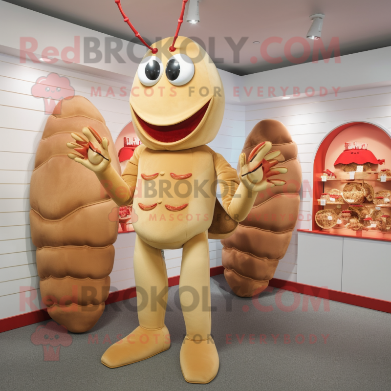 Beige Lobster Bisque mascot costume character dressed with a Bikini and Coin purses Beige Lobster Bisque mascot costume character dressed with a Bikini and Coin purses