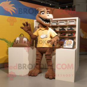 Brown Spinosaurus mascot costume character dressed with a Polo Tee and Wallets