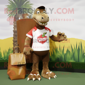 Brown Spinosaurus mascot costume character dressed with a Polo Tee and Wallets