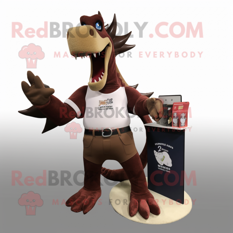 Brown Spinosaurus mascot costume character dressed with a Polo Tee and Wallets