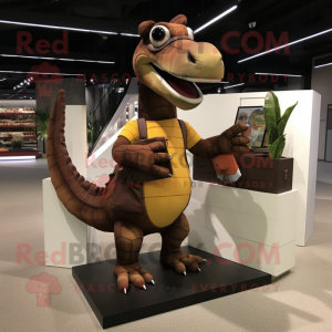 Brown Spinosaurus mascot costume character dressed with a Polo Tee and Wallets