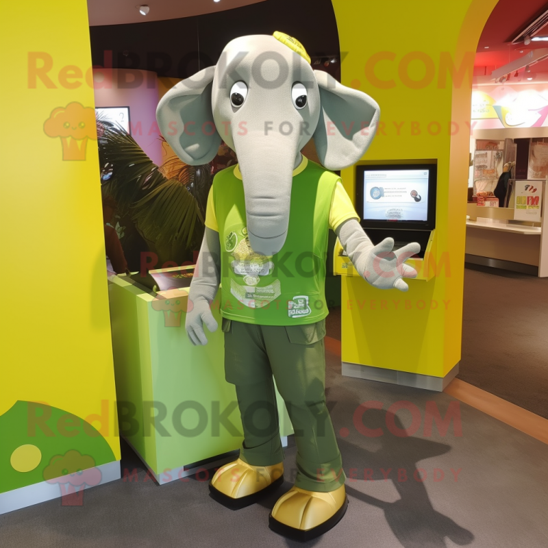 Lime Green Elephant mascot costume character dressed with a Tank Top and Wallets