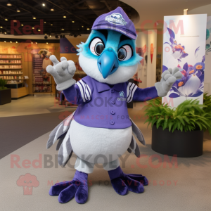Lavender Blue Jay mascot costume character dressed with a Rugby Shirt and Necklaces