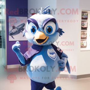 Lavender Blue Jay mascot costume character dressed with a Rugby Shirt and Necklaces