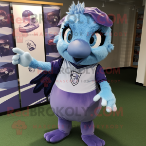 Lavender Blue Jay mascot costume character dressed with a Rugby Shirt and Necklaces