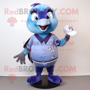 Lavender Blue Jay mascot costume character dressed with a Rugby Shirt and Necklaces