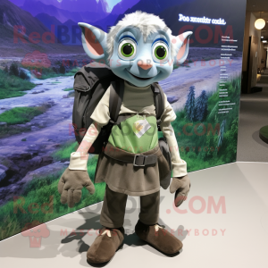 Gray Elf mascot costume character dressed with a Vest and Backpacks