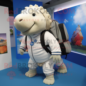 White Glyptodon mascot costume character dressed with a Jacket and Backpacks