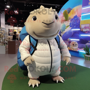 White Glyptodon mascot costume character dressed with a Jacket and Backpacks