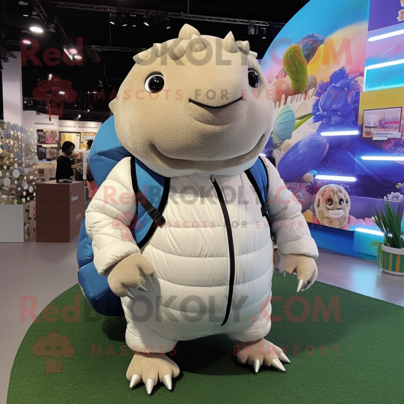 White Glyptodon mascot costume character dressed with a Jacket and Backpacks