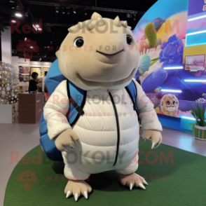 White Glyptodon mascot costume character dressed with a Jacket and Backpacks