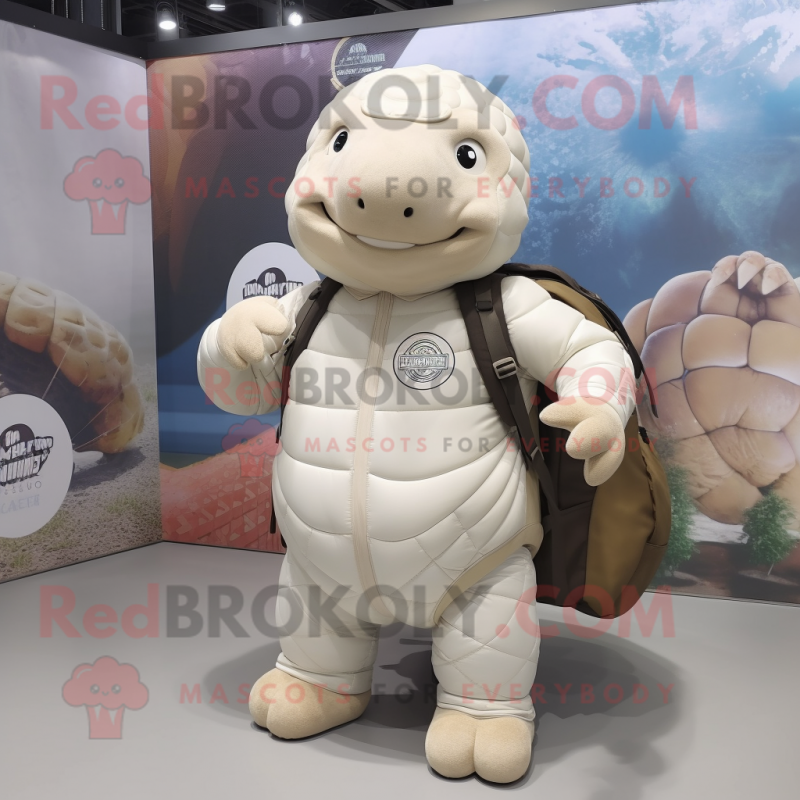 White Glyptodon mascot costume character dressed with a Jacket and Backpacks