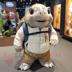 White Glyptodon mascot costume character dressed with a Jacket and Backpacks