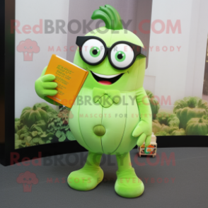 Lime Green Pumpkin mascot costume character dressed with a Suit Pants and Reading glasses