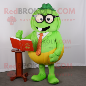 Lime Green Pumpkin mascot costume character dressed with a Suit Pants and Reading glasses