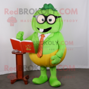 Lime Green Pumpkin mascot costume character dressed with a Suit Pants and Reading glasses