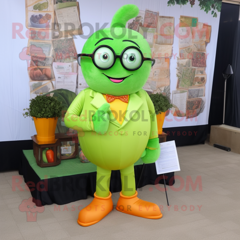 Lime Green Pumpkin mascot costume character dressed with a Suit Pants and Reading glasses