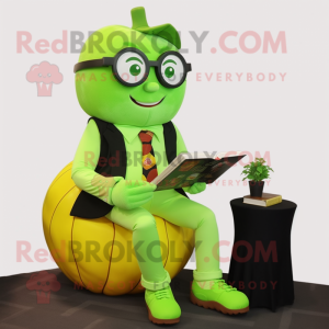 Lime Green Pumpkin mascot costume character dressed with a Suit Pants and Reading glasses