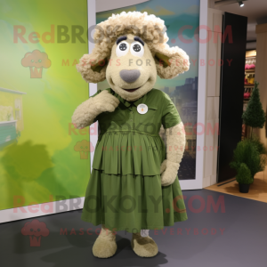 Olive Merino Sheep mascot costume character dressed with a A-Line Dress and Shoe clips