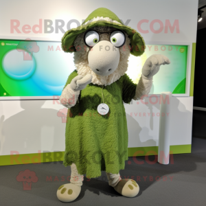 Olive Merino Sheep mascot costume character dressed with a A-Line Dress and Shoe clips