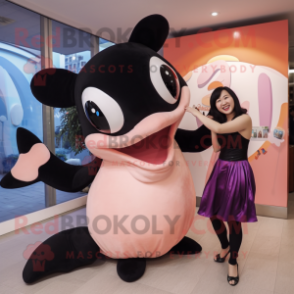 Peach Killer Whale mascot costume character dressed with a Evening Gown and Hair clips