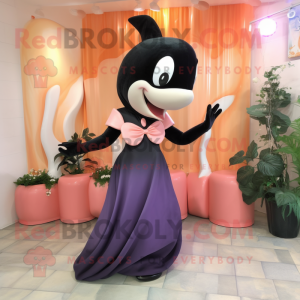 Peach Killer Whale mascot costume character dressed with a Evening Gown and Hair clips
