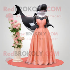 Peach Killer Whale mascot costume character dressed with a Evening Gown and Hair clips