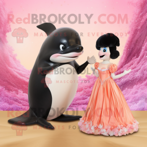 Peach Killer Whale mascot costume character dressed with a Evening Gown and Hair clips