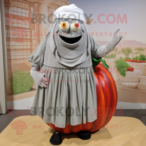 Gray Tomato mascot costume character dressed with a Pleated Skirt and Shawls