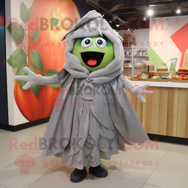 Gray Tomato mascot costume character dressed with a Pleated Skirt and Shawls