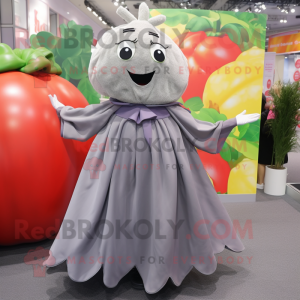 Gray Tomato mascot costume character dressed with a Pleated Skirt and Shawls